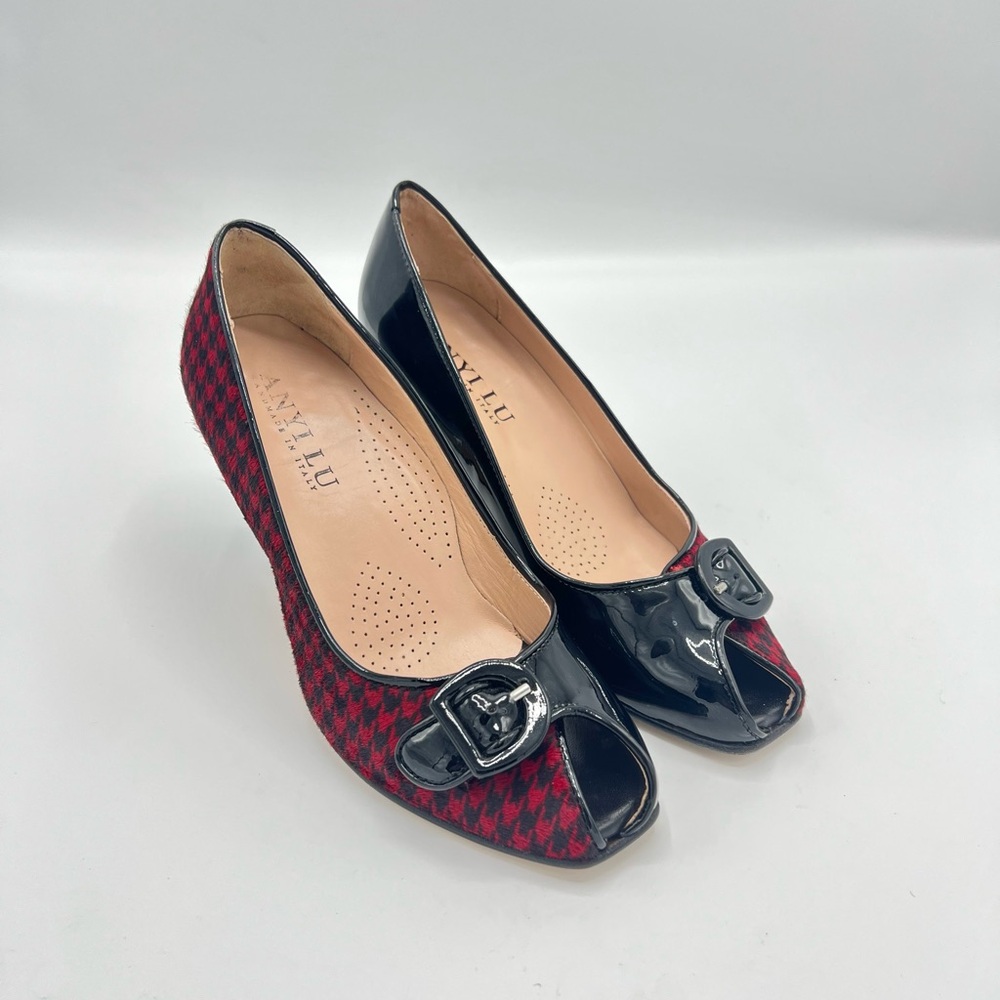 Vintage Anyi Lu Pony Hair Houndstooth Patent Peep Toe Heels 37 Italy
